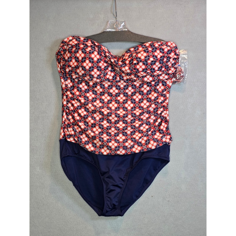 Cleanwater Womens XL One Piece Swimsuit Red Blue Floral Bandeau CWSS8441 NWT